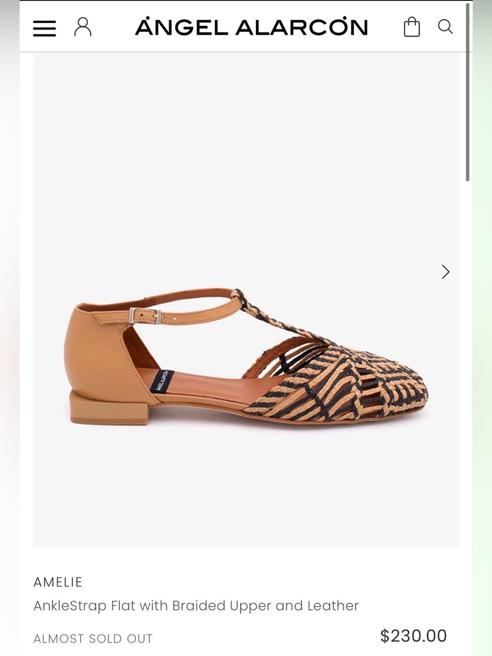 Angel Alarcon Amelie Tan & Black Braided Leather Ankle-Strap Flat EU37